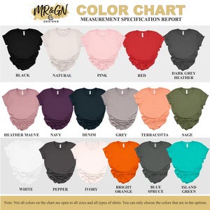 The image is a color chart that displays various color options for t-shirts, including black, natural, pink, red, dark grey, heather, navy, denim, grey, terracotta, and sage.