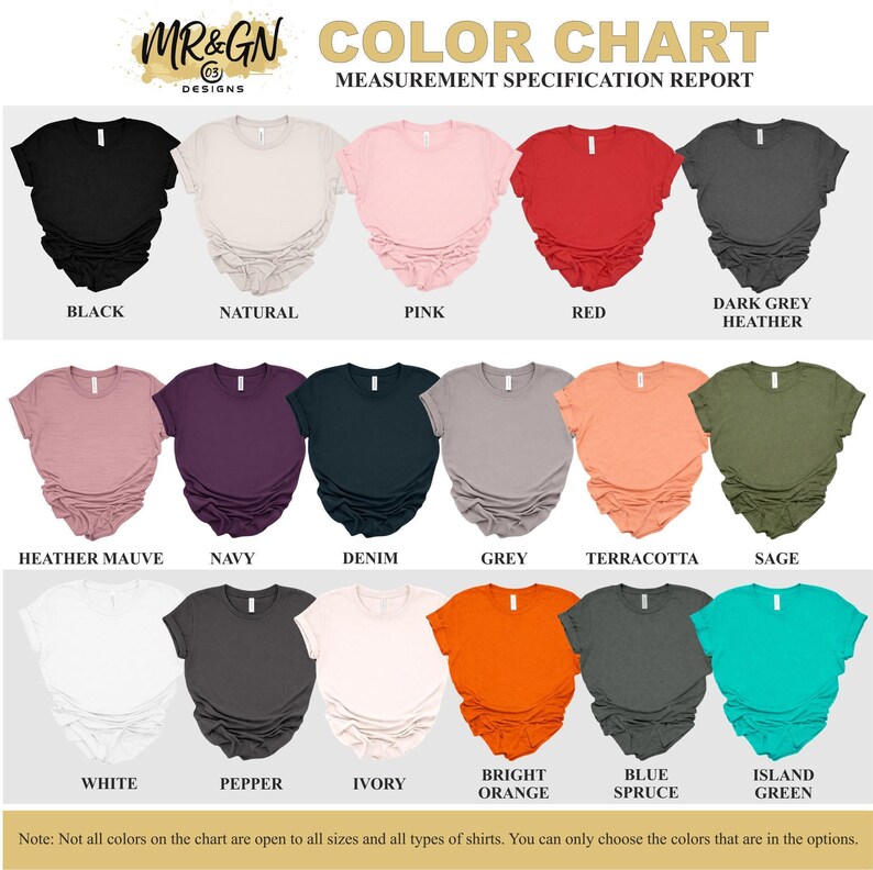 The image is a color chart that displays various color options for t-shirts, including black, natural, pink, red, dark grey, heather, navy, denim, grey, terracotta, and sage.