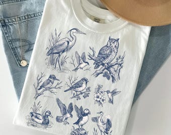 Vintage Bird Collection Tee - Retro Line Drawing of Woodland Birds