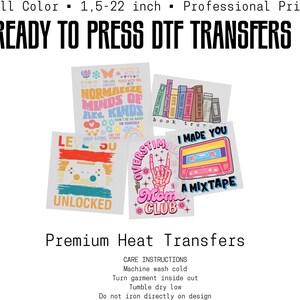 The image is a promotional advertisement for professional heat transfers, featuring a collage of colorful and artistic designs.