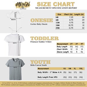 The image is a size chart for baby clothes, including a one-piece baby onesie, a toddler printnest toddler t-shirt, and a youth t-shirt. The chart provides measurements for each size, such as chest, waist, and sleeve length, as well as the corresponding measurements in inches.
