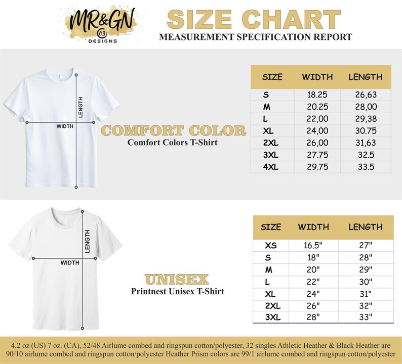 The image is a size chart for a men's t-shirt, providing measurements for different sizes and corresponding widths.