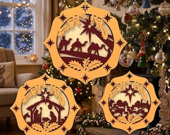 Kerstbal ornament lasergesneden SVG-bestand | Kerstornament DXF 3D | Bethlehem Stable Glowforge | Religieus vakantiedecor vector 3 lagen AI