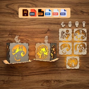 May include: Wooden Halloween-themed lanterns with cut-out designs, featuring characters and scenes. The lanterns are lit from within, showcasing the intricate details. Additional cut-out figures and file format icons are also present.