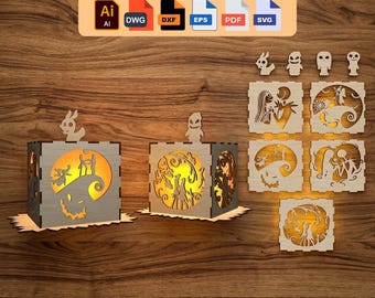 Halloween lantaarn SVG lasergesneden bestand | Houten lichtbak DXF | Nightmare Before Christmas Kaarshouder Glowforge | Spooky Shadow Box-plan AI