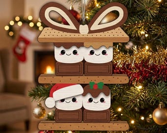 Smores familie ornament lasergesneden SVG-bestand | Gezin van 4 kerst DXF | Gepersonaliseerde S'mores Glowforge | Aangepast vectorplan vakantiedecoratie AI