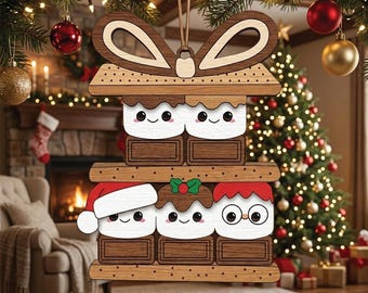 Smores Family 5 lasergesneden SVG-bestand | 3D-kerstornament DXF | Gepersonaliseerde S'mores Glowforge | Aangepaste vakantiedecoratie vector 3 lagen AI