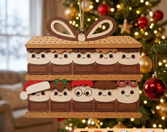 Smores familie ornament lasergesneden SVG-bestand | Kerstornament DXF | Gepersonaliseerde S'mores Glowforge | Aangepast vectorplan vakantiedecoratie AI