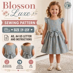 Puede incluir: Una niña con un vestido azul claro con lazo, estampado floral y mangas cortas. La imagen incluye texto: "Blosson Luxe Sewing Pattern" y "Size 1Y-15Y".