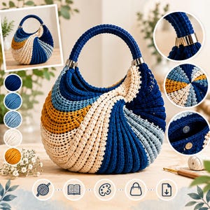 May include: A round, crocheted handbag featuring a spiral pattern in navy blue, light blue, cream, and mustard yellow. The bag has a single circular handle with silver-toned metal accents, a magnetic snap closure, and a textured, ribbed surface.