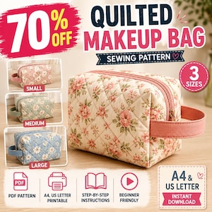 May include: A quilted makeup bag sewing pattern featuring a floral print on a cream background with a pink zipper and side handle. The image displays three size variations in pink, green, and blue, with text indicating A4 and US letter formats.