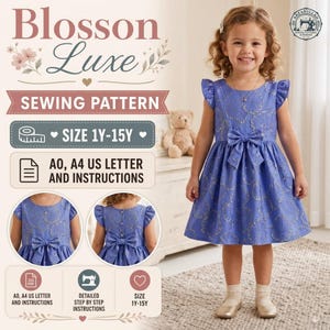 May include: A digital sewing pattern for a blue dress with a gold floral pattern, featuring a bow at the waist and flutter sleeves. The pattern includes sizes 1Y-15Y, with A0, A4, and US Letter formats, plus detailed step-by-step instructions.
