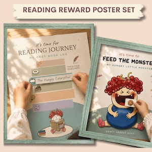 Może przedstawiać: Zestaw plakatów z nagrodami za czytanie składający się z dwóch plakatów. Jeden zatytułowany It's Time for Reading Journey My Cozy Book Log z kolorowymi paskami na tytuły książek. Drugi zatytułowany It's Time to Feed the Monster My Hungry Little Monster.