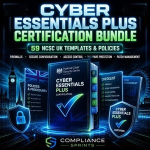 May include: A promotional image for a Cyber Essentials Plus Certification Bundle. The image features a stack of documents with the text "Cyber Essentials Plus Certification" and a checklist. The image also includes the text "59 NCSC UK Templates & Policies".