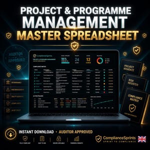 May include: A laptop screen shows a project management spreadsheet with data visualizations. The text "PROJECT & PROGRAMME MANAGEMENT MASTER SPREADSHEET" is at the top. Additional documents are visible to the right. The image includes the text "AUDITOR APPROVED".