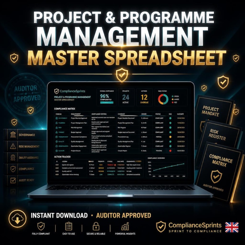 May include: A laptop screen shows a project management spreadsheet with data visualizations. The text "PROJECT & PROGRAMME MANAGEMENT MASTER SPREADSHEET" is at the top. Additional documents are visible to the right. The image includes the text "AUDITOR APPROVED".