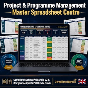 May include: A laptop screen showing a spreadsheet with data analysis, titled "Compliance Matrix & Framework Centre". The image includes the text "Project & Programme Management Master Spreadsheet Centre" and "ComplianceSprints PM Bundle v2 & ComplianceSprints PM Bundle Guide."