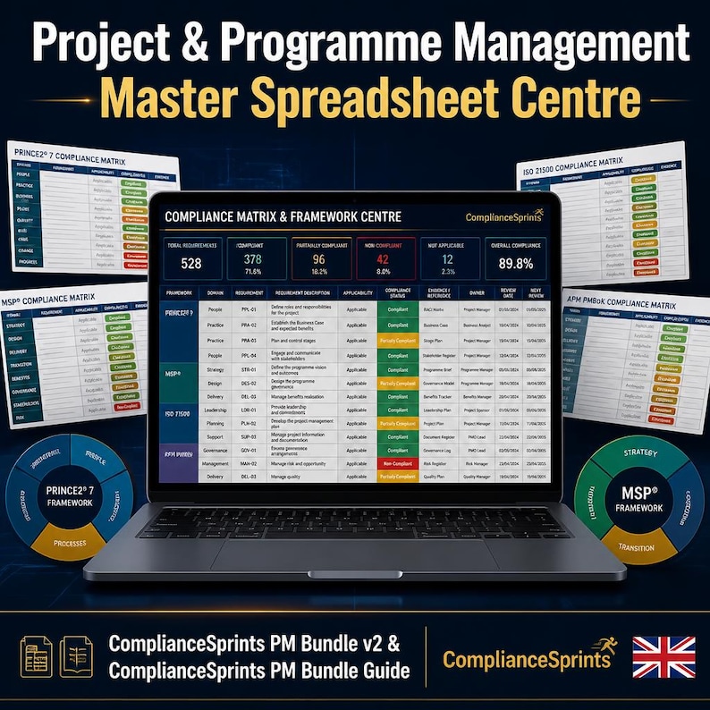 May include: A laptop screen showing a spreadsheet with data analysis, titled "Compliance Matrix & Framework Centre". The image includes the text "Project & Programme Management Master Spreadsheet Centre" and "ComplianceSprints PM Bundle v2 & ComplianceSprints PM Bundle Guide."