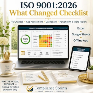 Puede incluir: Una lista de verificación digital ISO 9001:2026 What Changed en una pantalla de computadora portátil y tableta, con un panel de preparación, perfil de estado y temporizador de cuenta regresiva. Incluye cuaderno y taza.