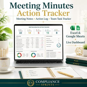 May include: A laptop displaying a Meeting Minutes Action Tracker dashboard with data tables, charts, and metrics. The screen shows text including Meeting Minutes Action Tracker, Excel & Google Sheets, and Live Dashboard. A notebook with handwritten text sits in front.