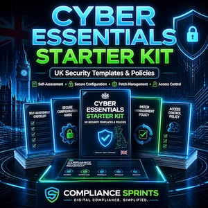 Może przedstawiać: Obraz promocyjny dla Cyber Essentials Starter Kit. Obraz przedstawia stos broszur informacyjnych z tytułem "Cyber Essentials Starter Kit" i tekstem "UK Security Templates & Policies". Logo Compliance Sprints znajduje się na dole.