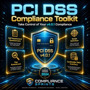 Puede incluir: Gráfico digital que promociona el Kit de herramientas de cumplimiento de PCI DSS. La imagen presenta un escudo central con "PCI DSS v4.0.1" e iconos circundantes para la autoevaluación, la definición del alcance, la evaluación de brechas y el inventario de datos del titular de la tarjeta.