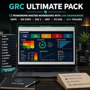 Könnte beinhalten: Ein GRC Ultimate Pack mit 12 Framework-Master-Arbeitsmappen und Live-Dashboards für DSGVO, ISO 27001, SOC 2, NIST und PCI DSS. Das Display zeigt ein GRC-Dashboard mit Risikokarten, Compliance-Status und Kennzahlen im Aktionszentrum.