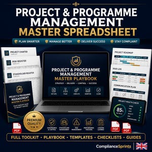 Può includere: Grafica digitale che promuove un toolkit di gestione dei progetti. L'immagine presenta un laptop che mostra un "Project & Programme Management Master Playbook" e diversi documenti correlati. Il testo include "Pianifica in modo più intelligente", "Gestisci meglio" e "Ottieni successo".