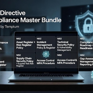 Puede incluir: Un portátil muestra el "NIS2 Directive Compliance Master Bundle" de Trecessty by Templum. La pantalla muestra temas de política de seguridad, incluyendo gobernanza, riesgos, gestión de incidentes y control de acceso. Un escudo digital con un candado está en el fondo.