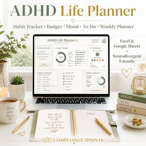 May include: A digital ADHD Life Planner displayed on a laptop screen featuring habit, budget, mood, and to-do trackers. The setup includes a spiral-bound notebook with inspirational text, a white mug with gold lettering, and stacked books.
