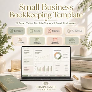 Könnte beinhalten: Eine digitale Buchhaltungsvorlage auf einem Laptop-Bildschirm mit einem Dashboard, das Finanzdiagramme, Einnahmen und Ausgaben zeigt. Die Oberfläche enthält Reiter für Dashboard, Income, Expenses, Tax Summary, Accounts, Monthly Overview, Annual Overview und Mileage. Der Text lautet Small Business Bookkeeping Template, 11 Smart Tabs, For Sole Traders & Small Businesses und Compliance Sprints.