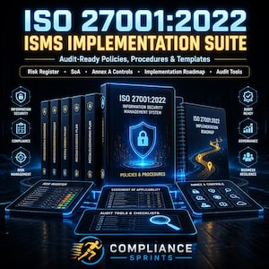 以下が含まれることがあります： ISO 27001:2022 ISMS実装スイートを宣伝する画像。画像には、「ISO 27001:2022」というテキストと、「ポリシーと手順」や「実装ロードマップ」などの関連用語が表示された、本とデジタルタブレットのスタックが写っています。