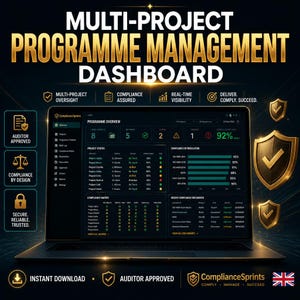 May include: A laptop screen showing a multi-project programme management dashboard. The display includes project status, compliance metrics, and real-time visibility data. The image features the text "Auditor Approved" and "Instant Download".