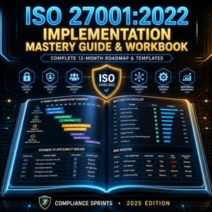 May include: A digital graphic of an open book titled "ISO 27001:2022 Implementation Mastery Guide & Workbook." The book features a 12-month roadmap, checklists, and a risk register. The cover and pages are illuminated with blue and gold accents. The text "Compliance Sprints - 2025 Edition" is at the bottom.