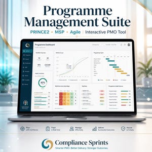 Könnte beinhalten: Ein Laptop zeigt ein Programme Management Suite Dashboard mit PRINCE2, MSP und Agile Methoden. Der Bildschirm enthält eine Portfolio-Übersicht, eine EVM-S-Kurve, ein Gantt-Diagramm, eine RAID-Heatmap und Gesundheitswerte. Text: Compliance Sprints.