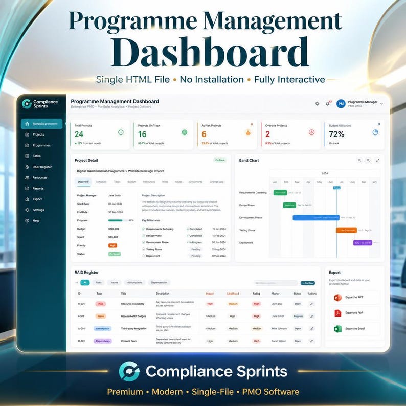 May include: A digital Programme Management Dashboard interface displayed as a single HTML file. The screen features project metrics, a Gantt chart, and a RAID register with data tables, status indicators, and export options for PPT, PDF, and Excel files.