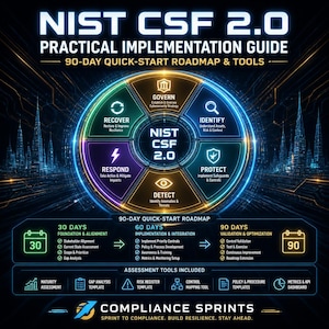 May include: A graphic with the text "NIST CSF 2.0 PRACTICAL IMPLEMENTATION GUIDE" and a circular diagram with key cybersecurity steps. It includes a 90-day quick-start roadmap and assessment tools.