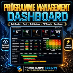 May include: A digital dashboard graphic with the title "PROGRAMME MANAGEMENT DASHBOARD". It displays project overview data, including total projects, on track, at risk, and off track metrics. Features include a RAG tracker, Gantt chart, and risk heatmap. The graphic has a dark blue and gold color scheme.