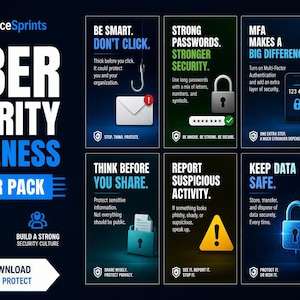 May include: Cyber Security Awareness 8-Poster Pack with educational graphics. Posters cover topics like strong passwords, multi-factor authentication, and data protection. Includes the text "Instant Download Print Post Protect."