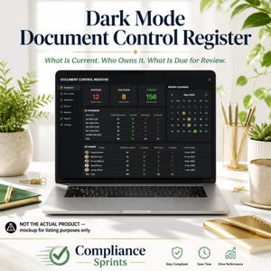 May include: A laptop displaying a dark mode document control register dashboard with metrics for overdue, due soon, and current documents, a review calendar, and owner tables. Text includes "Dark Mode Document Control Register" and "Compliance Sprints".