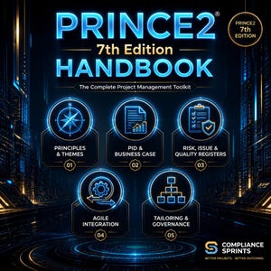 Puede incluir: Gráfico digital para el Manual PRINCE2 7ª Edición. La imagen presenta el título en azul, con subtemas como Principios y Temas, PID y Caso de Negocio, e Integración Ágil. La imagen también incluye el logotipo de Compliance Sprints.