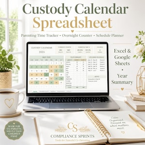 Puede incluir: Una hoja de cálculo de calendario de custodia mostrada en la pantalla de una computadora portátil, con una vista mensual de 2025, contador de pernoctaciones y resumen anual. La interfaz incluye texto para compatibilidad con Excel y Google Sheets.