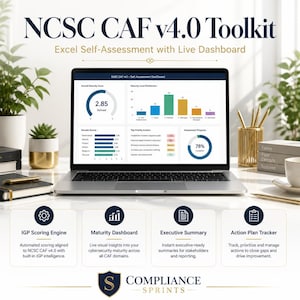 May include: A laptop displaying the NCSC CAF v4.0 Toolkit Excel self-assessment dashboard with charts and metrics. Below, four white square icons feature text labels: IGP Scoring Engine, Maturity Dashboard, Executive Summary, and Action Plan Tracker, detailing automated cybersecurity assessment features.