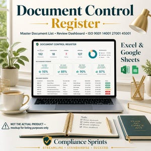 May include: A laptop displaying a Document Control Register dashboard with ISO 9001, 14001, 27001, and 45001 compliance data. The screen shows document status, review dates, and percentages. A notebook, pen, coffee cup, and desk accessories are present.