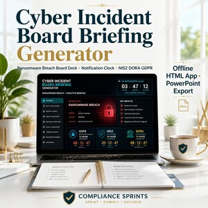 Cyber Incident Board Briefing Generator Ransomware Breach Board Deck App Notification Clock NIS2 DORA GDPR Post Incident Review Offline HTML