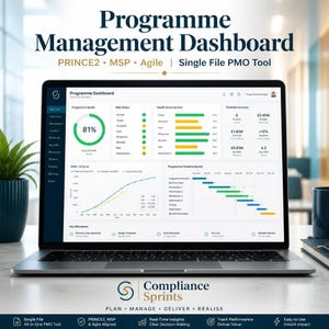 Peut inclure: Un écran d'ordinateur portable affichant un tableau de bord de gestion de programme avec des graphiques, un indicateur de santé, des statuts RAG, une courbe en S EVM, un diagramme de Gantt et des jalons pour PRINCE2, MSP et Agile.
