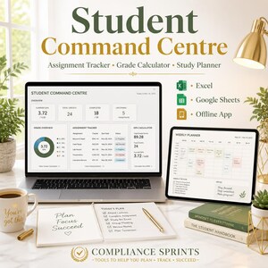 May include: A digital student command centre dashboard displayed on a laptop and tablet screen, featuring an assignment tracker, grade calculator, and study planner. The setup includes a notebook, a pen, and a mug on a desk with text overlays.