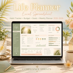 May include: A laptop displaying a Life Planner Excel spreadsheet with sections for habit tracking, budget, goals, and a weekly planner for 2025-2026. The interface features a sage green sidebar and a light beige dashboard with charts and text.