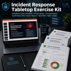 May include: An Incident Response Tabletop Exercise Kit featuring a laptop displaying a ransomware scenario, a black mug with a shield icon, a spiral-bound notebook, and printed documents including a Facilitator Guide and a Tracker Workbook.