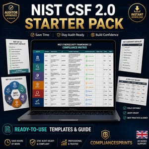 Może przedstawiać: Laptop prezentuje ramy cyberbezpieczeństwa NIST CSF 2.0. Dołączone dokumenty obejmują listy kontrolne i schemat ram. Na obrazie widoczny jest również tekst "READY-TO-USE TEMPLATES & GUIDE".